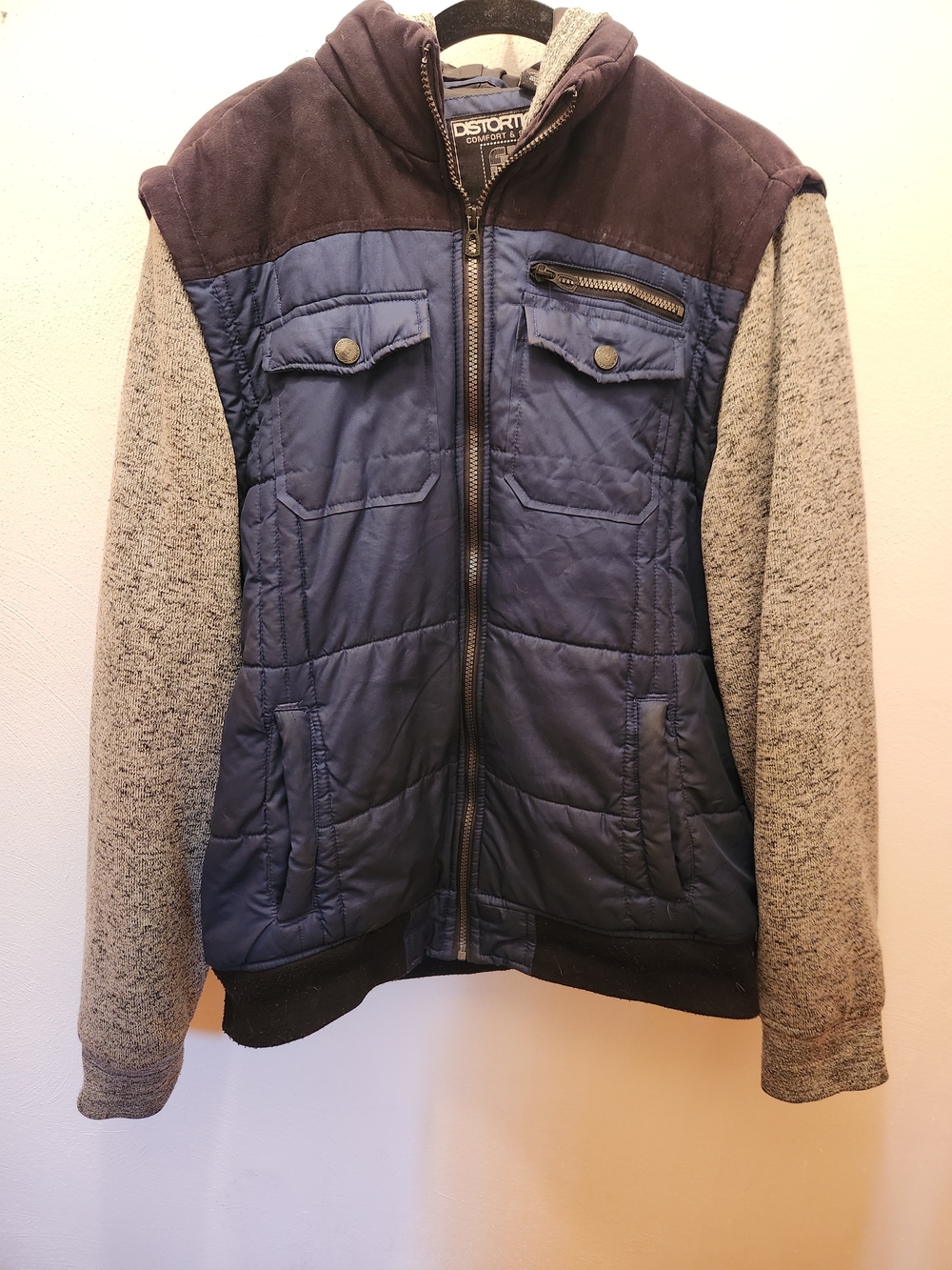 Distortion Men’s Navy Quilted Hooded Jacket Size XL